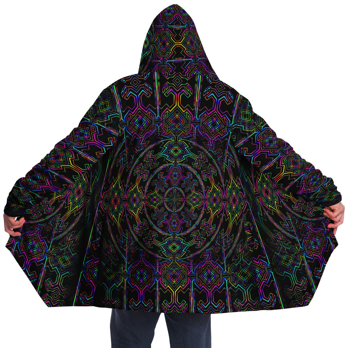 Tryptek Micro Fleece Cloak, Hooded Wearable Art, Psychedelic Festival Layer — front — hood raised