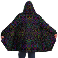 Tryptek Micro Fleece Cloak, Hooded Wearable Art, Psychedelic Festival Layer — front — hood raised