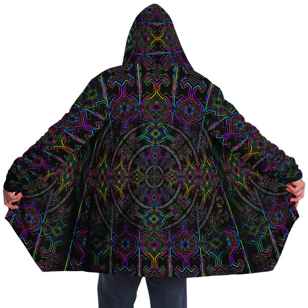 Tryptek Micro Fleece Cloak, Hooded Wearable Art, Psychedelic Festival Layer — front — hood raised