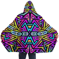 Mystic Mandala Micro Fleece Cloak, Hooded Wearable Art, Psychedelic Festival Layer — back spread — hood raised