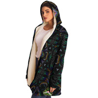 Hyperjewels Micro Fleece Cloak, Hooded Wearable Art, Psychedelic Festival Layer — wearer-right three-quarter — hood lowered