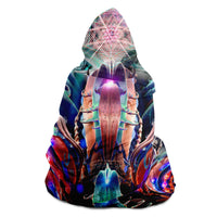 Phantasmagoria Hooded Blanket, Organic Neon Sherpa Throw, Surreal Visionary Gift, Sacred Geometry Void Blanket
