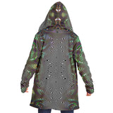 Prismatic Frequency Micro Fleece Cloak, Hooded Wearable Art, Psychedelic Festival Layer — front — hood lowered