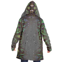 Prismatic Frequency Micro Fleece Cloak, Hooded Wearable Art, Psychedelic Festival Layer — front — hood lowered