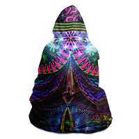 Primordial Playroom Hooded Blanket, Dreamlike Face Neon Sherpa Throw, Surreal Boho Gift, Visionary Psychedelic Blanket