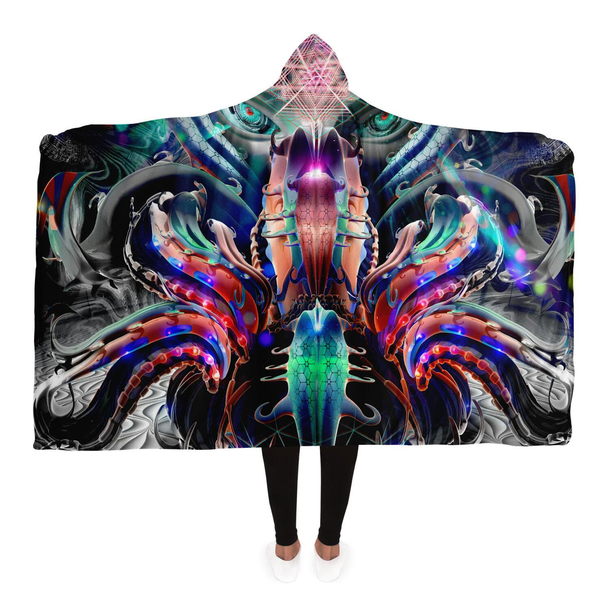 Phantasmagoria Hooded Blanket, Organic Neon Sherpa Throw, Surreal Visionary Gift, Sacred Geometry Void Blanket