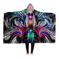 Phantasmagoria Hooded Blanket, Organic Neon Sherpa Throw, Surreal Visionary Gift, Sacred Geometry Void Blanket