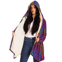 Rainbow Healing Micro Fleece Cloak, Hooded Wearable Art, Psychedelic Festival Layer — front — hood lowered