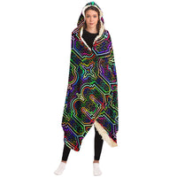 Icaro Hooded Blanket, Neon Circuit Geometric Sherpa Throw, Futuristic Boho Gift, Luminous Techno Sacred Blanket