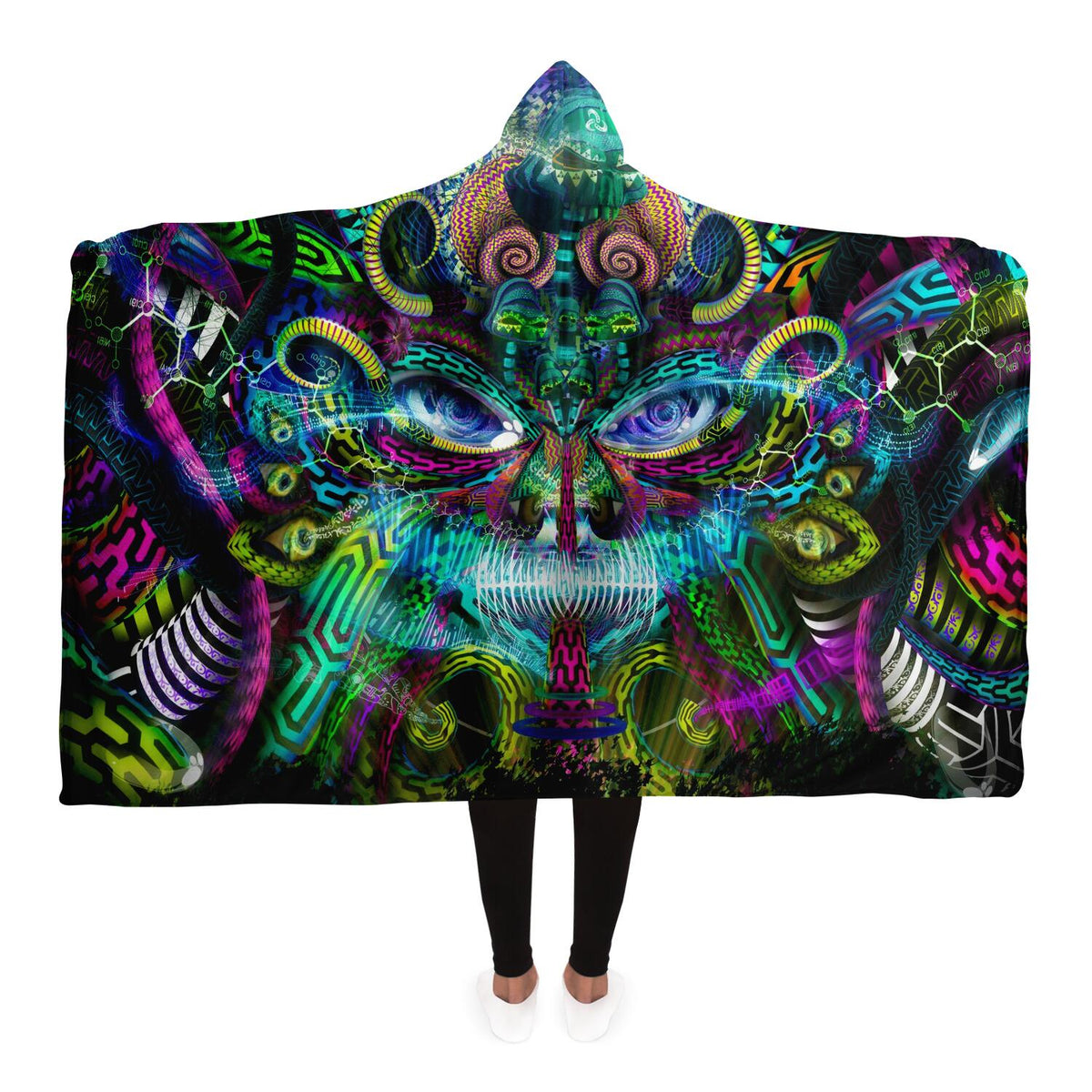 Jungle Juice Hooded Blanket, Tribal Mask Neon Sherpa Throw, Psychedelic Boho Gift, Visionary Creature Blanket