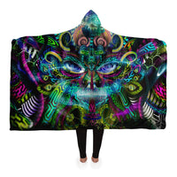 Jungle Juice Hooded Blanket, Tribal Mask Neon Sherpa Throw, Psychedelic Boho Gift, Visionary Creature Blanket