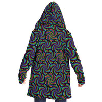 Vohex Micro Fleece Cloak, Hooded Wearable Art, Psychedelic Festival Layer — front — hood lowered