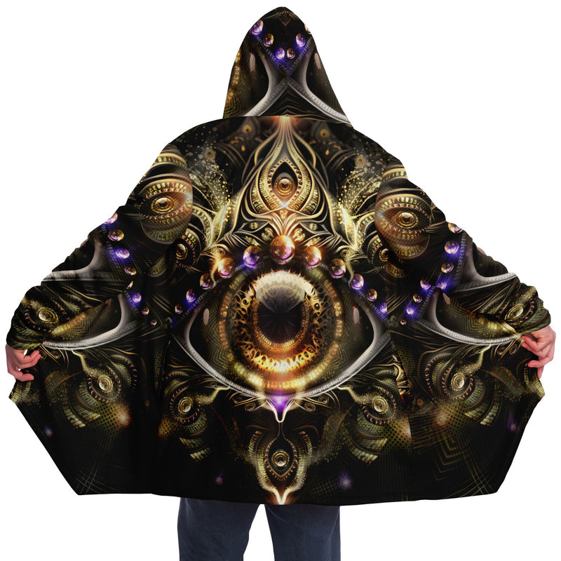 Witness Micro Fleece Cloak, Hooded Wearable Art, Psychedelic Festival Layer — front — hood raised