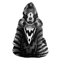 Hypnotica Hooded Blanket, Masked Totem Monochrome Sherpa Throw, Dark Boho Gift, Ritual Sacred Geometry Blanket
