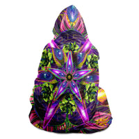 Sylvan Perception Hooded Blanket, Feathered Eye Mandala Sherpa Throw, Green Boho Gift, Psychedelic Flower Blanket