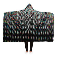 Organix Hooded Blanket, Optical Wave Glitch Sherpa Throw, Psychedelic Boho Gift, Black and White Visionary Blanket