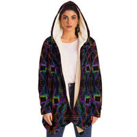 Psytron Micro Fleece Cloak, Hooded Wearable Art, Psychedelic Festival Layer — back — hood raised
