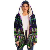 Mystic Temptation II Micro Fleece Cloak, Hooded Wearable Art, Psychedelic Festival Layer — back — hood raised