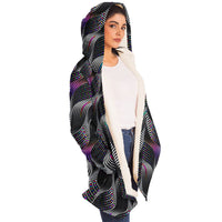 Color Coding Micro Fleece Cloak, Hooded Wearable Art, Psychedelic Festival Layer — wearer-right three-quarter — hood lowered
