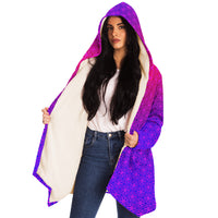 Sacral Bloom Micro Fleece Cloak, Hooded Wearable Art, Psychedelic Festival Layer — back — hood raised