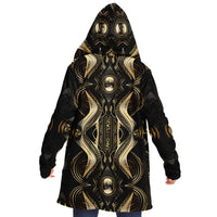 Golden Age Micro Fleece Cloak, Hooded Wearable Art, Psychedelic Festival Layer — front — hood lowered