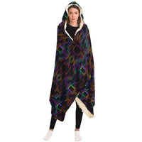 Psytron Hooded Blanket, Neon Digital Geometric Sherpa Throw, Futuristic Boho Gift, Luminous Techno Sacred Blanket