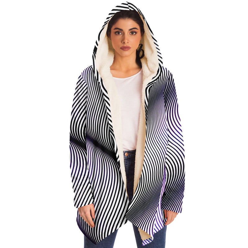 Purple Drift Micro Fleece Cloak, Hooded Wearable Art, Psychedelic Festival Layer — front — hood raised