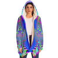 Holowave Micro Fleece Cloak, Hooded Wearable Art, Psychedelic Festival Layer — back spread — hood raised