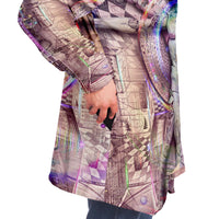 Vitruvian Spirit Micro Fleece Cloak, Hooded Wearable Art, Psychedelic Festival Layer — wearer-right three-quarter — hood lowered