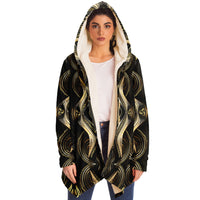 Golden Age Micro Fleece Cloak, Hooded Wearable Art, Psychedelic Festival Layer — back — hood raised
