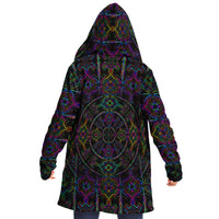 Tryptek Micro Fleece Cloak, Hooded Wearable Art, Psychedelic Festival Layer — front — hood lowered