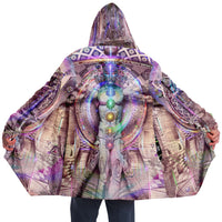 Vitruvian Spirit Micro Fleece Cloak, Hooded Wearable Art, Psychedelic Festival Layer — back spread — hood raised