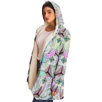 Hyperjewels Micro Fleece Cloak, Hooded Wearable Art, Psychedelic Festival Layer — wearer-right three-quarter — hood lowered