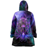 Luminous Presence Micro Fleece Cloak, Hooded Wearable Art, Psychedelic Festival Layer — front — hood lowered
