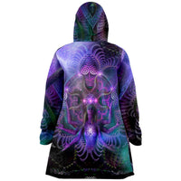 Luminous Presence Micro Fleece Cloak, Hooded Wearable Art, Psychedelic Festival Layer — front — hood lowered