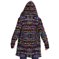 Rainbow Tribe Micro Fleece Cloak, Hooded Wearable Art, Psychedelic Festival Layer — front — hood lowered