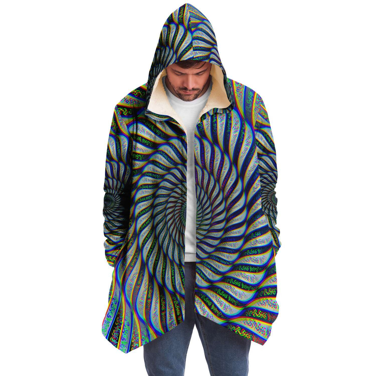 Phonetic Vortex Micro Fleece Cloak, Hooded Wearable Art, Psychedelic Festival Layer — front — hood raised