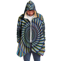 Phonetic Vortex Micro Fleece Cloak, Hooded Wearable Art, Psychedelic Festival Layer — front — hood raised