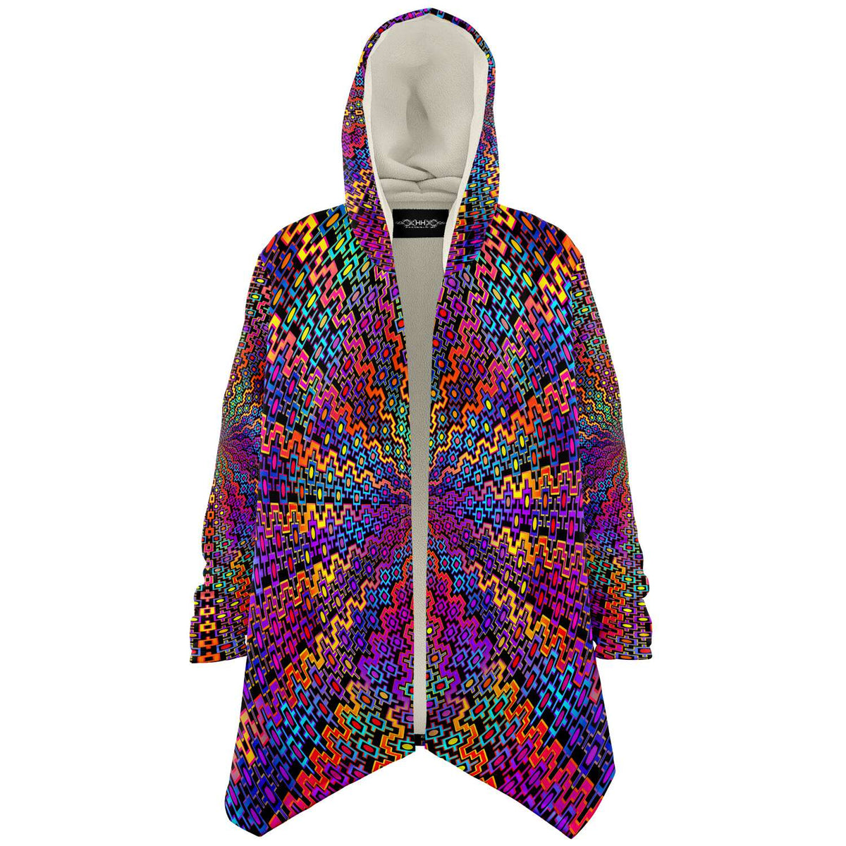 Rainbow Flow Micro Fleece Cloak, Hooded Wearable Art, Psychedelic Festival Layer — front — hood raised