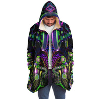 Mystic Temptation II Micro Fleece Cloak, Hooded Wearable Art, Psychedelic Festival Layer — back spread — hood raised