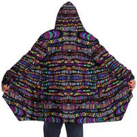 Rainbow Tribe Micro Fleece Cloak, Hooded Wearable Art, Psychedelic Festival Layer — front — hood raised