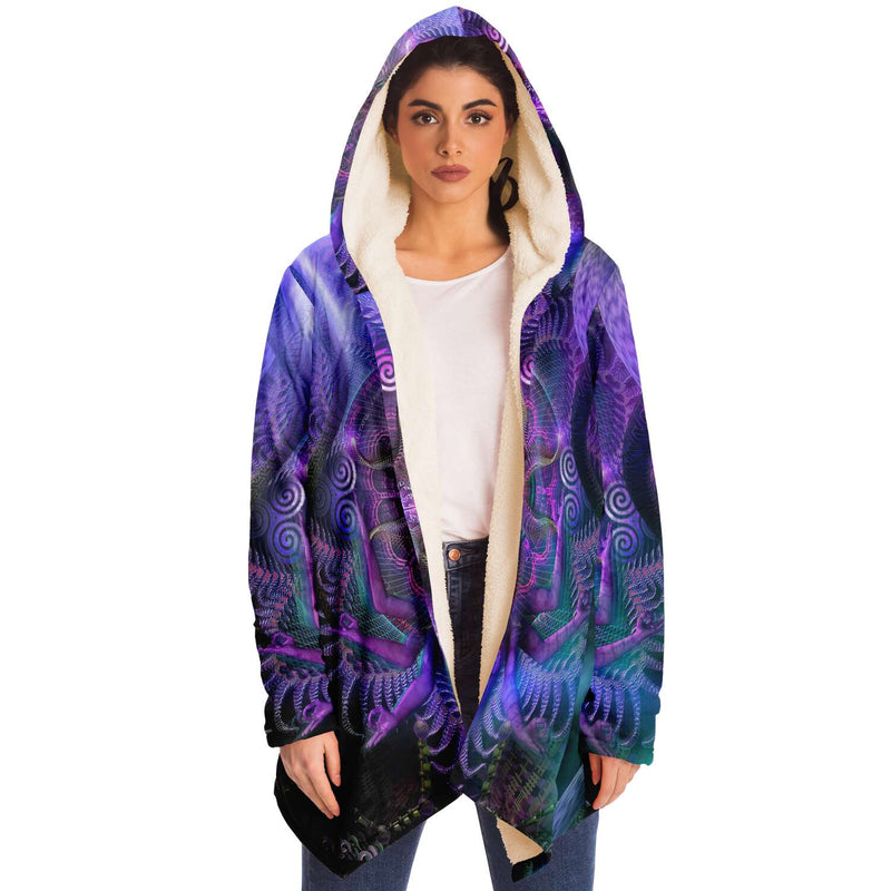 Luminous Presence Micro Fleece Cloak, Hooded Wearable Art, Psychedelic Festival Layer — front — hood raised