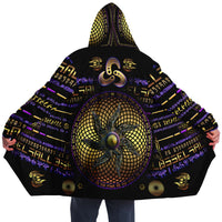 Scintillating Spirit Micro Fleece Cloak, Hooded Wearable Art, Psychedelic Festival Layer — front — hood raised