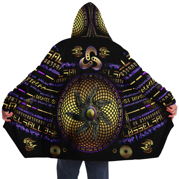 Scintillating Spirit Micro Fleece Cloak, Hooded Wearable Art, Psychedelic Festival Layer — front — hood raised