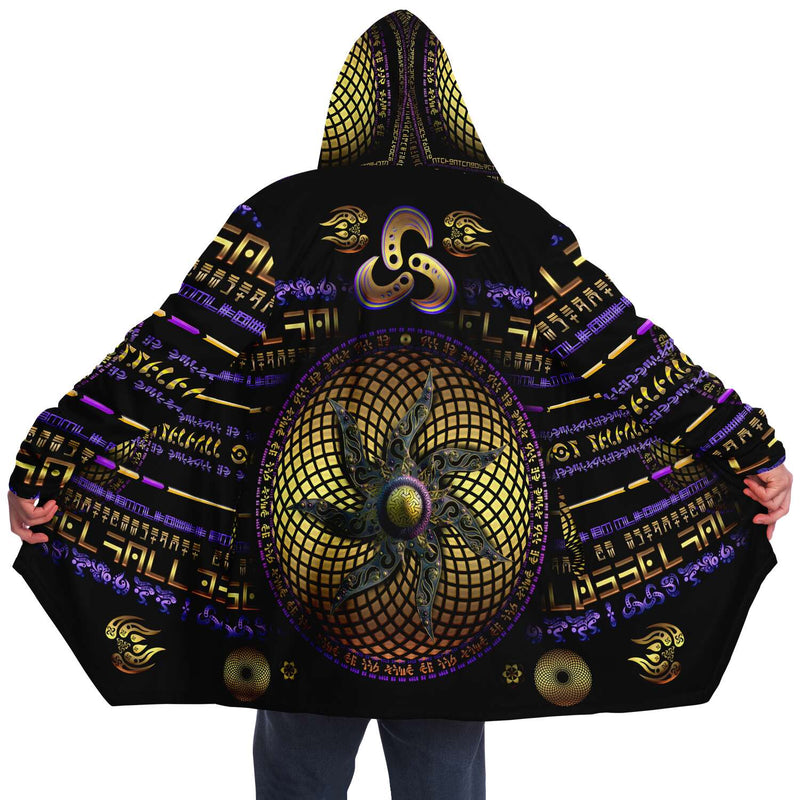Scintillating Spirit Micro Fleece Cloak, Hooded Wearable Art, Psychedelic Festival Layer — front — hood raised