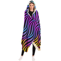 Xenowave Hooded Blanket, Neon Wave Geometric Sherpa Throw, Electric Boho Gift, Luminous Ribbon Blanket