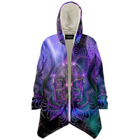 Luminous Presence Micro Fleece Cloak, Hooded Wearable Art, Psychedelic Festival Layer — back — hood raised