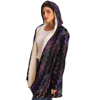 Twilight Healing Micro Fleece Cloak, Hooded Wearable Art, Psychedelic Festival Layer — wearer-right three-quarter — hood lowered