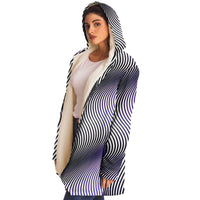 Purple Drift Micro Fleece Cloak, Hooded Wearable Art, Psychedelic Festival Layer — wearer-right three-quarter — hood lowered