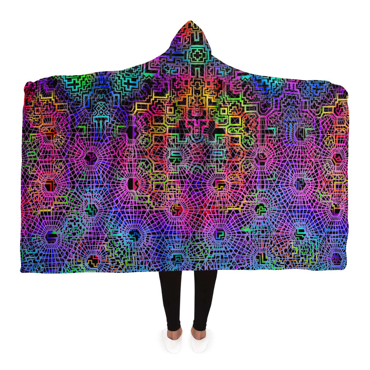 Aya Visionary Hooded Blanket, Neon Geometric Sherpa Throw, Bohemian Meditation Gift, Psychedelic Sacred Throw
